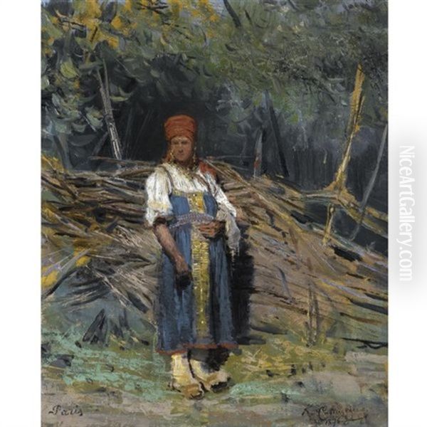 Peasant Girl In A Forest Oil Painting by Konstantin Apollonovich Savitsky