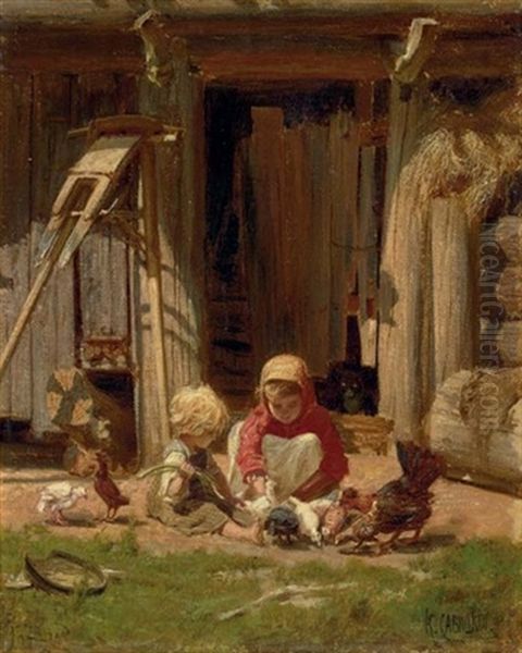 Children With Chickens Oil Painting by Konstantin Apollonovich Savitsky