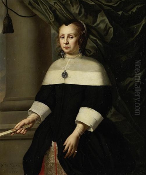 Portrait Of A Lady, Three-quarter-length, In A Black Dress Oil Painting by Carel van Savoyen