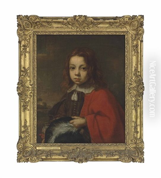 Portrait Of A Boy, Half-length, In A Brown Jacket And Red Mantle, Holding A Plumed Hat, In A Landscape Oil Painting by Carel van Savoyen