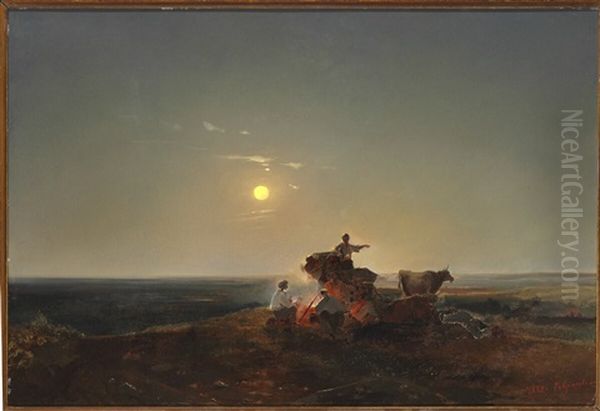 Nomads Around A Fire On The Plain In Moonlight Oil Painting by Aleksei Kondratevich Savrasov