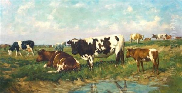 Cows In A Meadow Oil Painting by Hendrik Savry