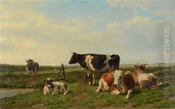 Cattle And Sheep In A Sunlit Field by Hendrik Savry