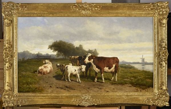 Vaches Et Veaux Dans La Campagne Hollandaise, 1883 Oil Painting by Hendrik Savry