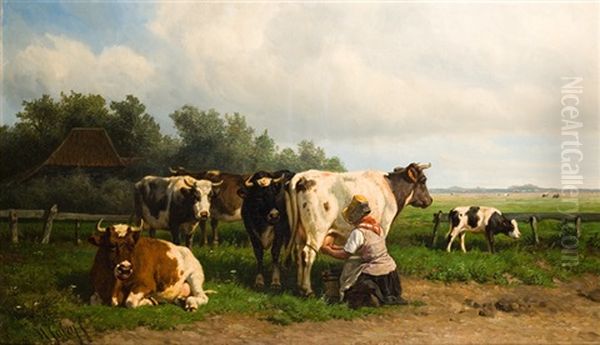 La Traite Des Vaches Dans La Prairie Oil Painting by Hendrik Savry