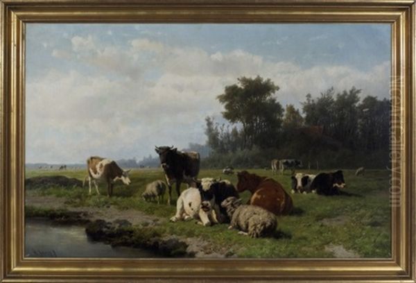 Pastoral Scene Of Cows And Sheep By A River Oil Painting by Hendrik Savry