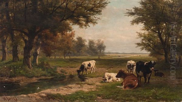 Resting Cows By The Pool Oil Painting by Hendrik Savry