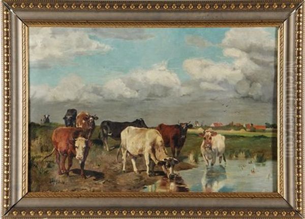 Cattle Watering Oil Painting by Hendrik Savry