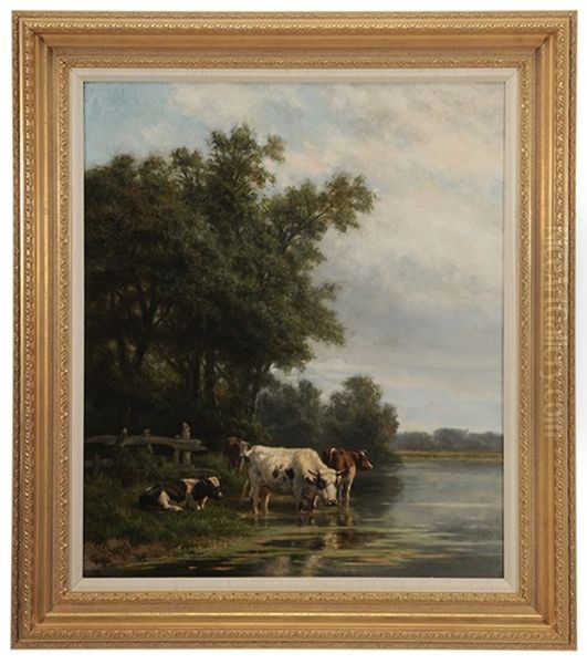 Cows In Stream Oil Painting by Hendrik Savry