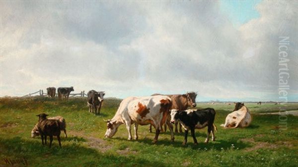 Cattle And Sheep Grazing In An Expansive Sunlit Pasture Oil Painting by Hendrik Savry