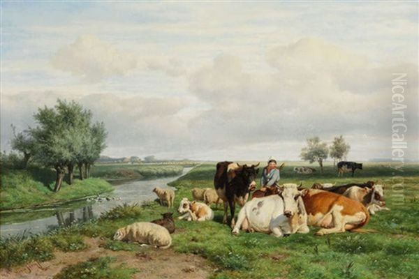 Vaches Et Moutons Au Bord De L'eau Oil Painting by Hendrik Savry