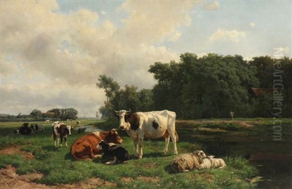 Vaches Au Pre Au Bord De L'eau Oil Painting by Hendrik Savry