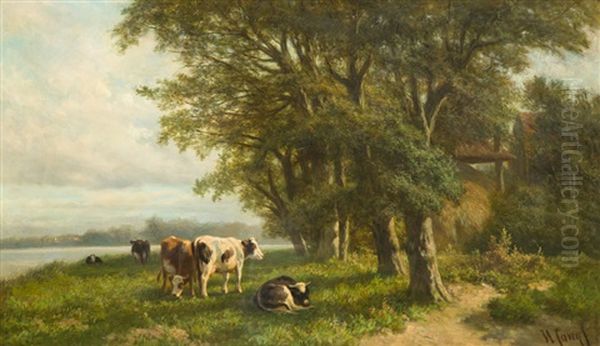 Weidende Kuhe Am Flusufer Oil Painting by Hendrik Savry