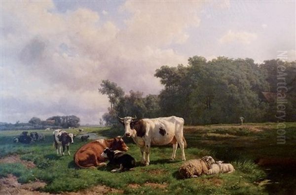 Vaches Et Jardinier Au Bord De La Riviere Oil Painting by Hendrik Savry