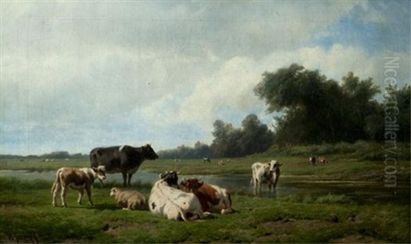 Livestock In A Sunny Pasture Oil Painting by Hendrik Savry