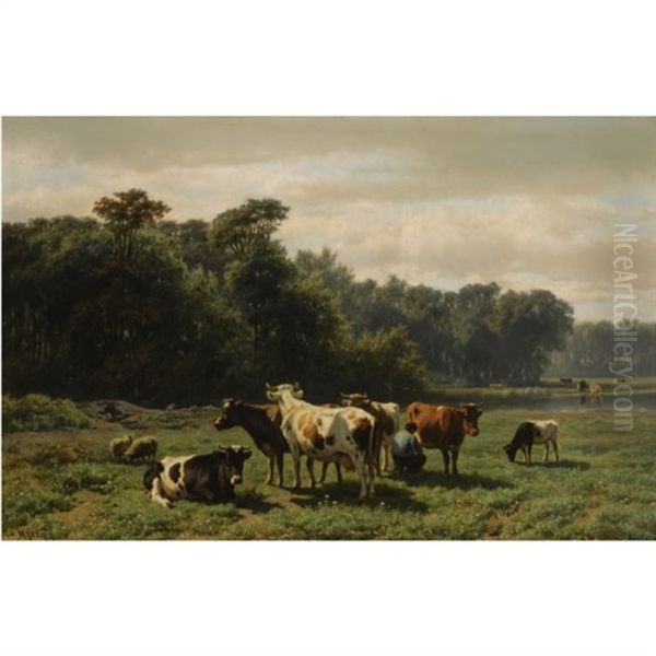 A Peasant With Cattle In A Sunlit Meadow Oil Painting by Hendrik Savry