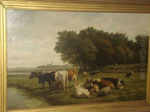 Cattle And Sheep By A Riverbank Oil Painting by Hendrik Savry