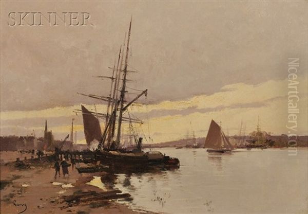 Ships At Harbor Oil Painting by Hendrik Savry