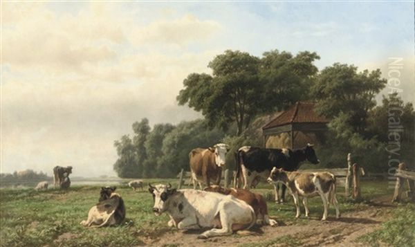 Cows Near A Haystack Oil Painting by Hendrik Savry