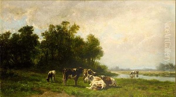 Cows In A Meadow Oil Painting by Hendrik Savry