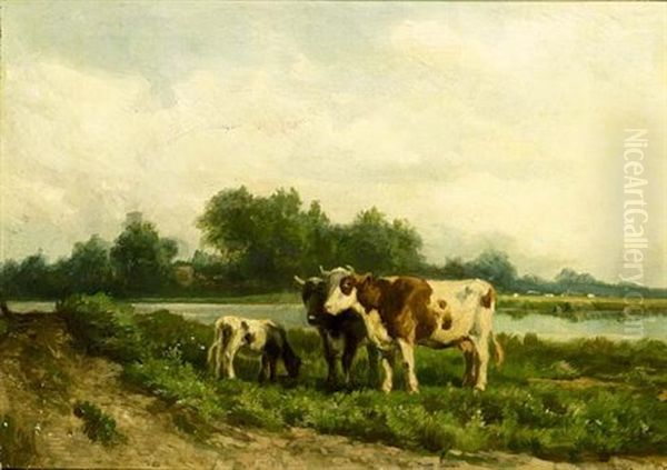 Cattle Grazing In A River Landscape Oil Painting by Hendrik Savry