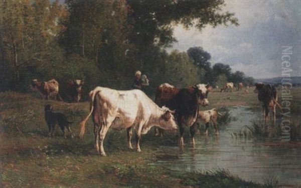 Cows In A Meadow Oil Painting by Hendrik Savry