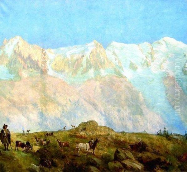 Le Mont Blanc, Les Aiguilles Du Midi Du Plan Oil Painting by Eugene Bourgeois