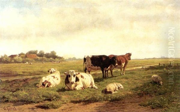 Cows And Sheep In An Extensive Landscape Oil Painting by Hendrik Savry