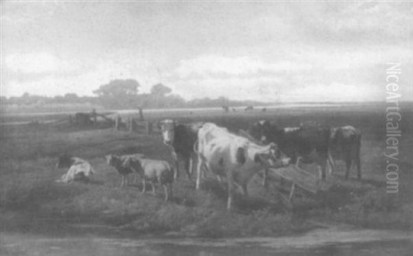 Weite Wiesenlandschaft Mit Kuhen Und Schafen, Die An Einem Fluslauf Stehen Oil Painting by Hendrik Savry