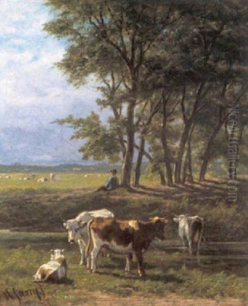 Koeien In Een Zomerlandschap Oil Painting by Hendrik Savry