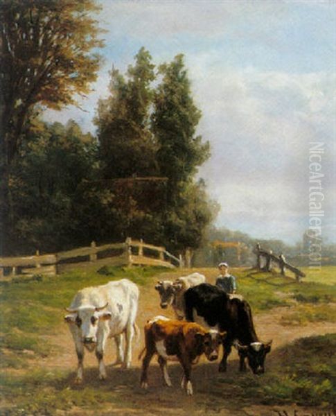 A Peasant Girl Tending Her Cattle Oil Painting by Hendrik Savry