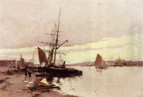 Ships At Harbour Oil Painting by Hendrik Savry