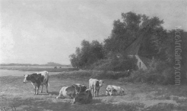 Cows Grazing In A Summer Meadow Oil Painting by Hendrik Savry