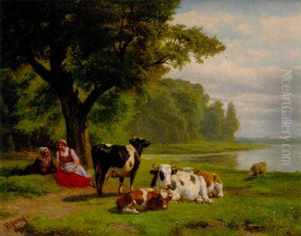 Jeunes Bergers Et Troupeau Oil Painting by Hendrik Savry