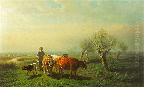 A Farmer With Cows In The Field Oil Painting by Hendrik Savry