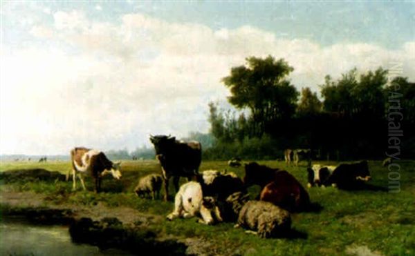 Cows And Sheep Resting By Water Oil Painting by Hendrik Savry