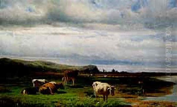 Cattle And A Cowherd Boy On A Riverbank by Hendrik Savry