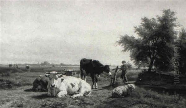 A Farmer Tending His Grazing Cattle Oil Painting by Hendrik Savry