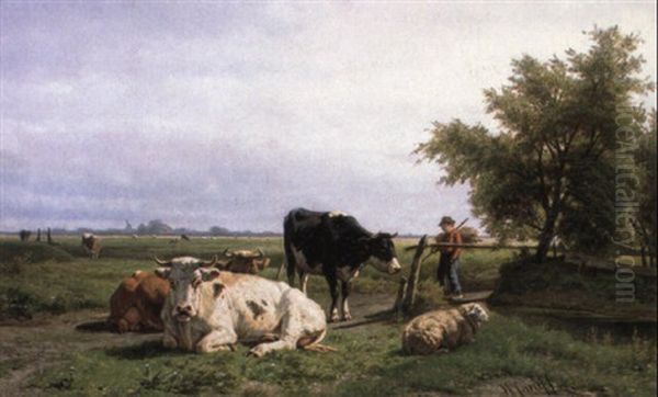 Cattle And Sheep In A Sunlit Dutch Landscape Oil Painting by Hendrik Savry