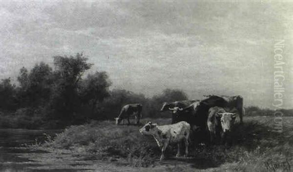 Cows Watering Oil Painting by Hendrik Savry