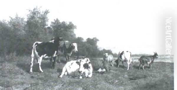 A Herd Grazing In A Meadow Oil Painting by Hendrik Savry