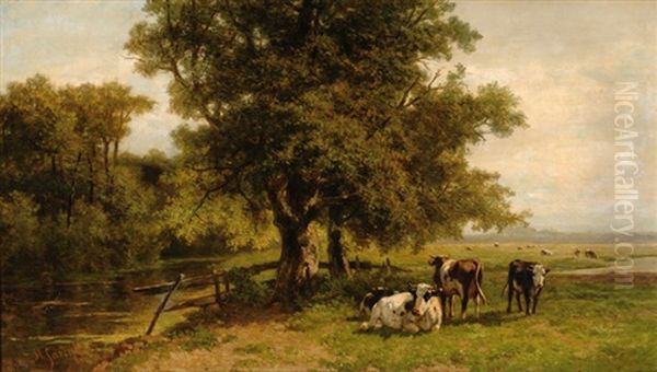 Cows In A Sunny Meadow Oil Painting by Henri (Hendrik Martinus) Savry