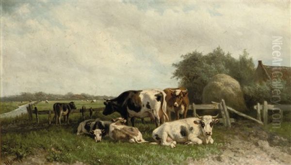 Cows In A Polder Landscape Oil Painting by Henri (Hendrik Martinus) Savry