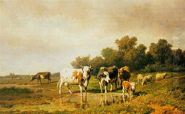 Cattle In A Landscape Oil Painting by Henri (Hendrik Martinus) Savry