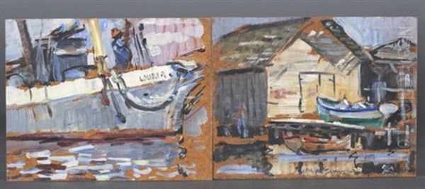 The Dingy Shed; Scene Of Man On Boat (pair) Oil Painting by Philip Ayer Sawyer