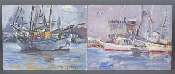 Scene Of Boats Docked At Harbor; Scene Of A Boat (pair) Oil Painting by Philip Ayer Sawyer