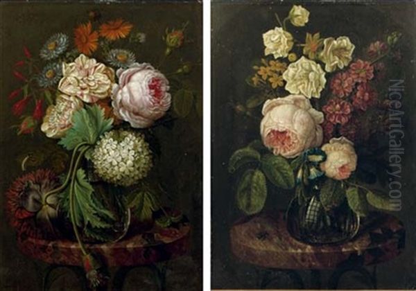 A Pink Rose, A Hydrangea, Yellow Heads And Other Flowers (+ Pink Roses, Primroses, Begonias And Other Flowers; Pair) Oil Painting by Theodore Jozef Sax