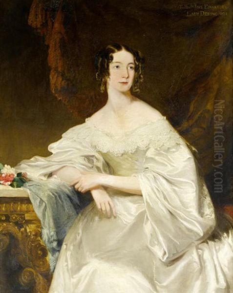 Portrait Of The Hon. Jane Edwards, Lady Dering, In A White Silk Dress, Seated At A Table Before A Velvet Curtain Oil Painting by Frederick Richard Say