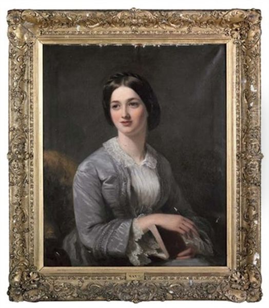 Portrait Of Lady Augusta Scott In A Grey Dress And White Chemise, Holding A Book by Frederick Richard Say