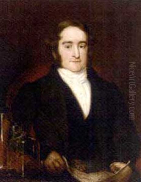 Portrait Of Richard Bright, Holding A Diagram, With Medical Jars Containing Specimens On A Table To His Side Oil Painting by Frederick Richard Say